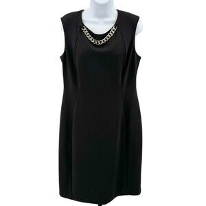 Calvin Klein Dress WMNS 12 Black W/ Chain At Neckline Sleeveless Sheath Stretch